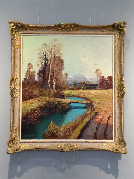 Georg Arnold-Graboné „Voralpenland“ geb. 1896 in München; gest. 1982 in Buchhof • studierte Malerei zunächst in Stuttgart und Wien wurde Mitglied der „Licht-Gruppe“ • Meisterschüler bei Heinrich von Zügel und Leo von König, im Anschluss in Berlin bei Max Liebermann • 1932 Professor der Zürcher Kunstakademie, später auch Rektor • als im Jahre 1951 General Dwight D. Eisenhower ein Bild erwarb, führte das Kennenlernen zu Mal- und Zeichenunterricht durch Arnold. Winston Churchill ließ sich in dessen Spachteltechnik unterweisen • in den folgenden Jahren wurden Gemälde im Tokioter Kaiserpalast und im Weißen Haus ausgestellt; es befinden sich Gemälde im Besitz der Familien Eisenhower und Kennedy. Gemälde, Öl/Leinwand, um 1957, ca. 80 x 90 cm